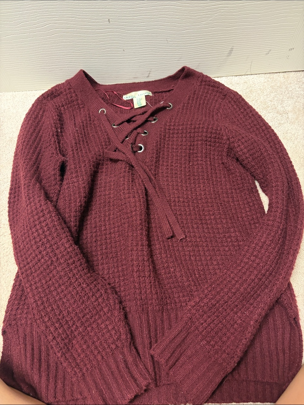 Kaisely Lace-Up Waffle Knit Sweater - Burgundy